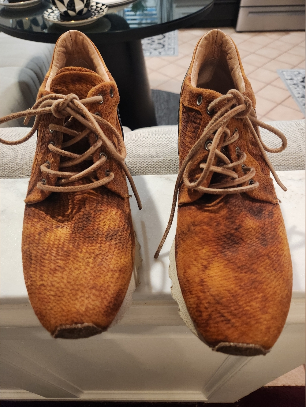 Italian Leather Women's Suede-Look Lace-Up Sneakers in Burnt Orange